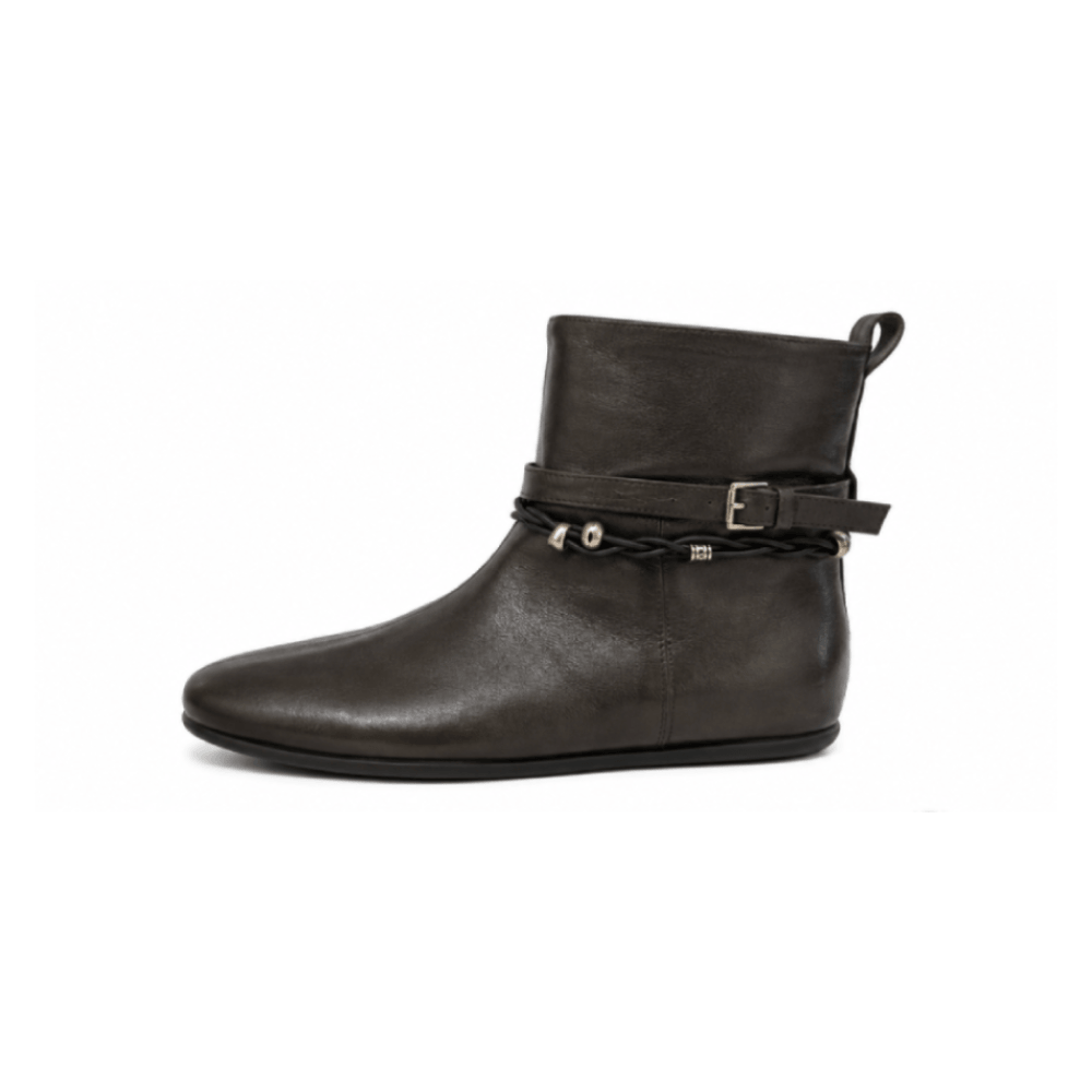 Spliced Leather Mid-Calf Boots with Buckle Strap - Lateral Side View