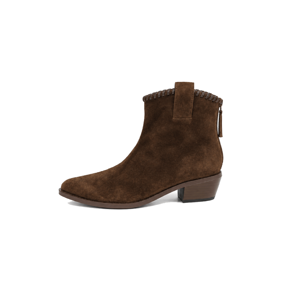 Women’s Suede Pointed Toe Ankle Boots with Block Heel - Lateral Side View