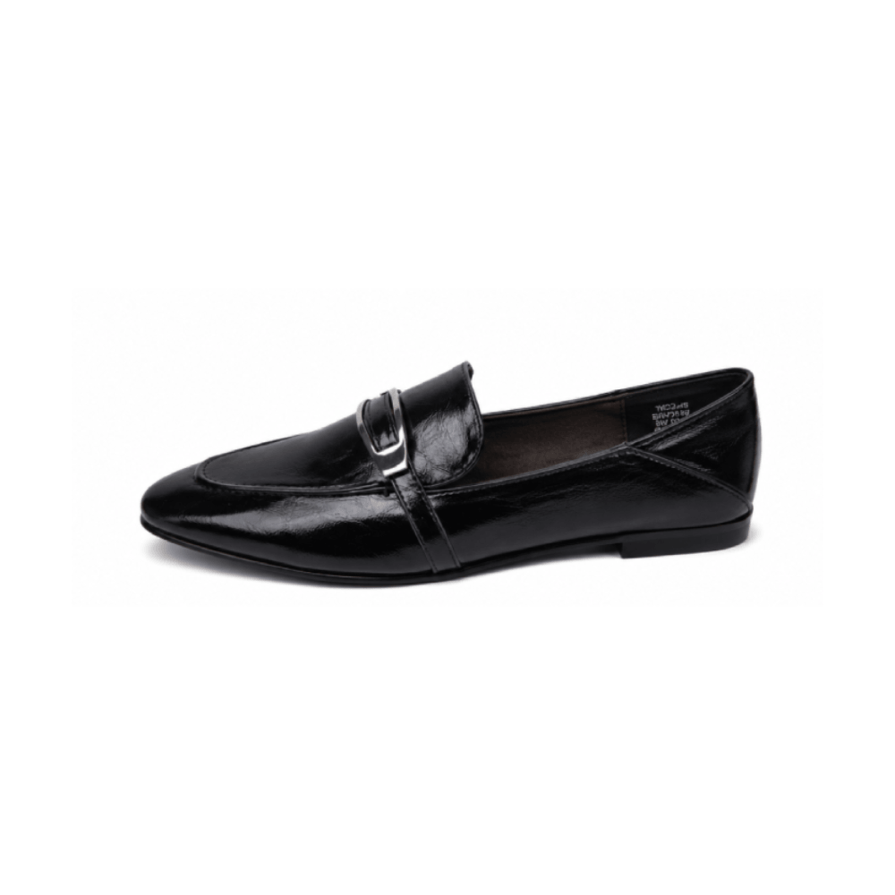 Women's Black Leather Buckle Loafers - Lateral Side View