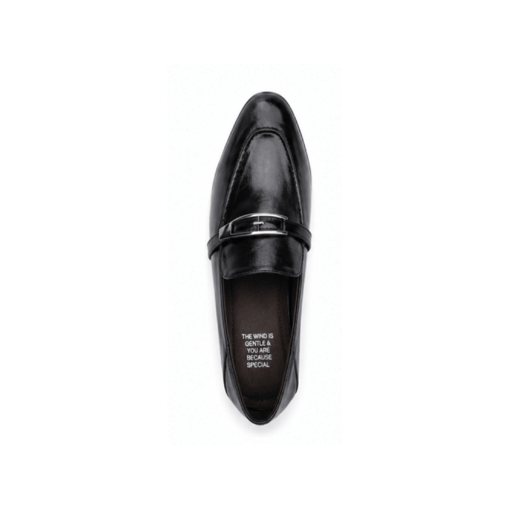 Women's Black Leather Buckle Loafers - Top View