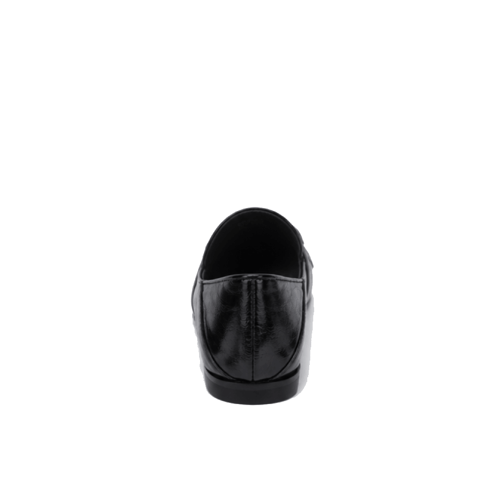 Women's Black Leather Buckle Loafers - Heel View