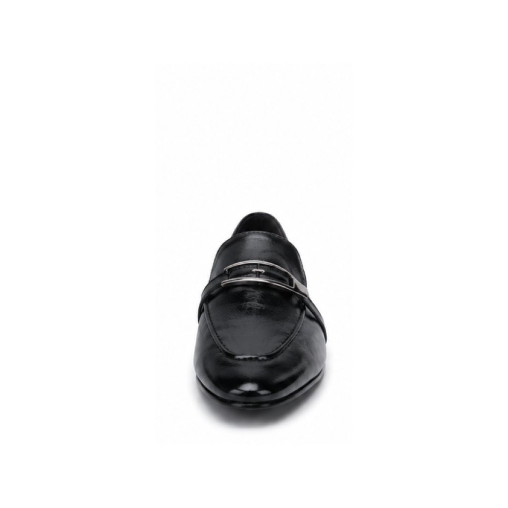 Women's Black Leather Buckle Loafers - Front Toe View