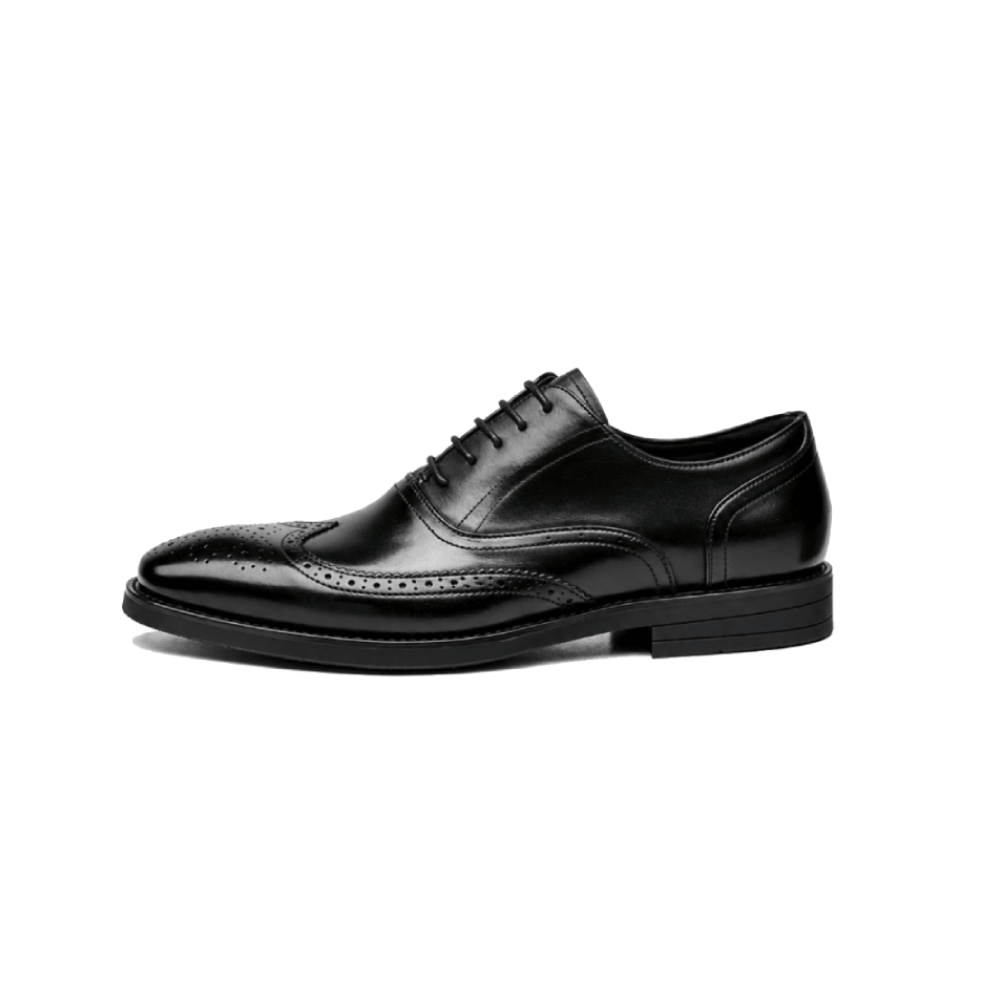 OEM Black Genuine Leather Wingtip Brogue Oxford Dress Shoes - Lateral Side View