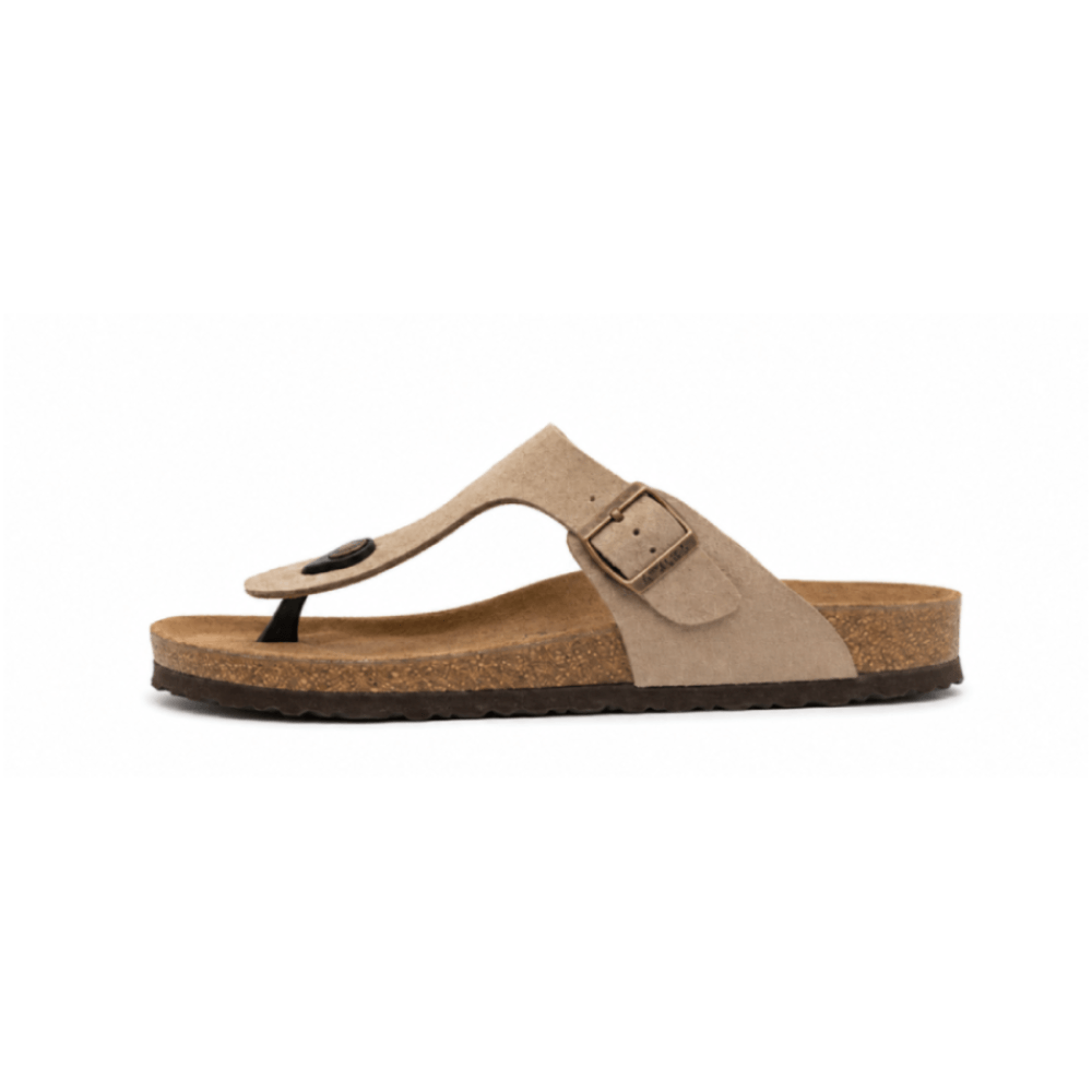 Genuine Leather Thong Sandals with Cork Footbed - Lateral Side View