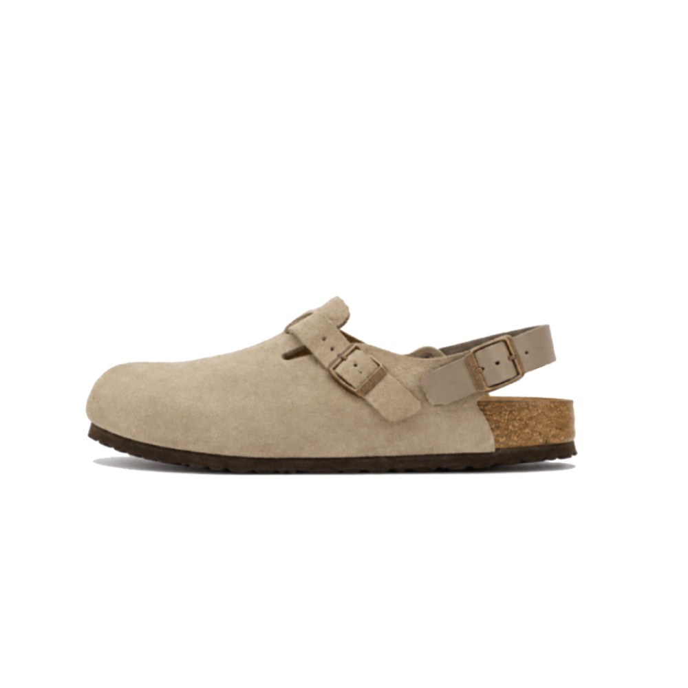 Custom Suede Cork Footbed Clogs with Backstrap - Lateral Side View