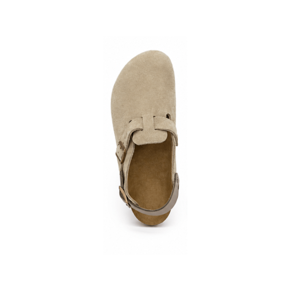 Custom Suede Cork Footbed Clogs with Backstrap - Top View