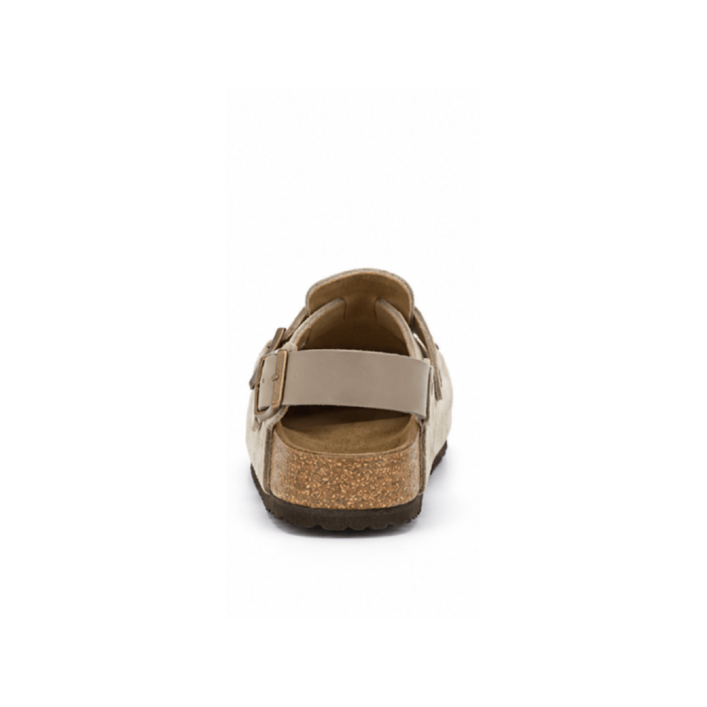 Custom Suede Cork Footbed Clogs with Backstrap - Heel View