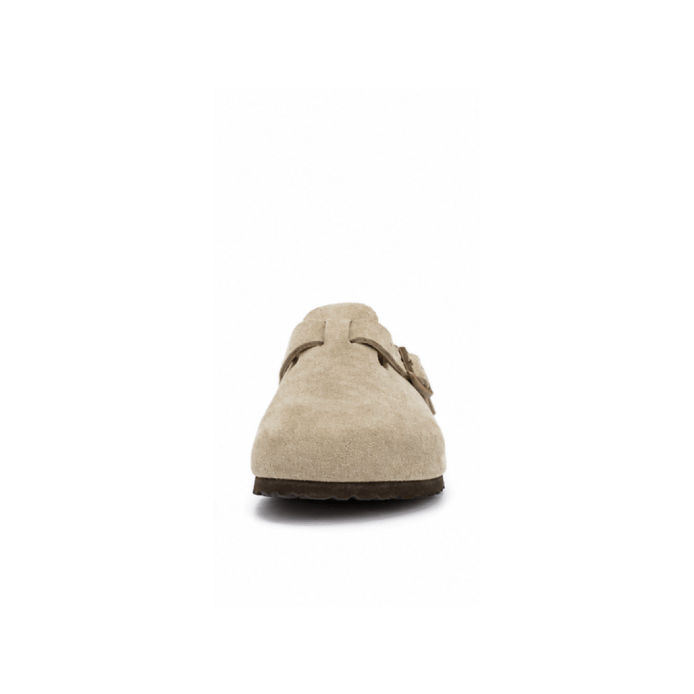 Custom Suede Cork Footbed Clogs with Backstrap - Front Toe View