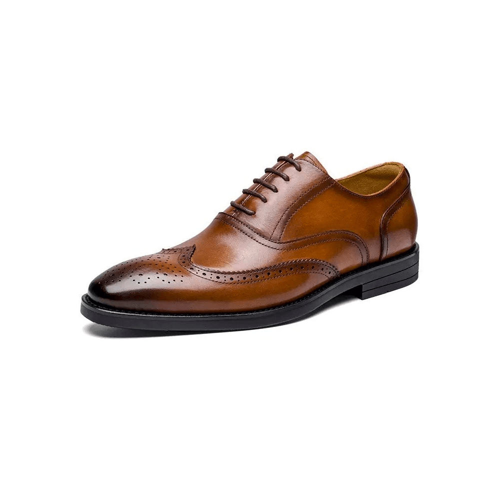 OEM Brown Genuine Leather Wingtip Brogue Oxford Dress Shoes - Lateral Side View